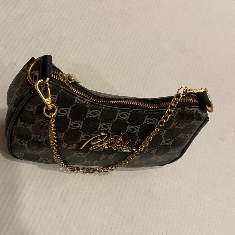 Bebe Small Compact Monogram Brown & Gold Shoulder Bag with removable chain - Picture 8 of 16